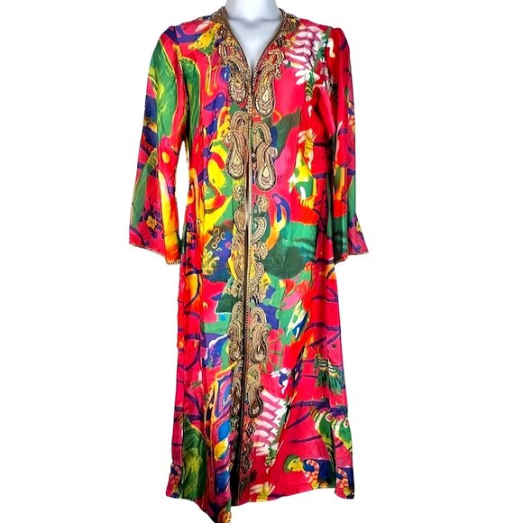 Vintage Hand Beaded Kaftan Dress With Vibrant Abstract Print 3/4 Sleeves Size M - Picture 1 of 14